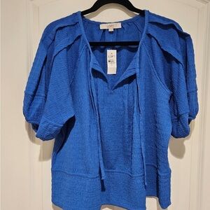New Loft Lantern Sleeve Tie Neck Top XL blue